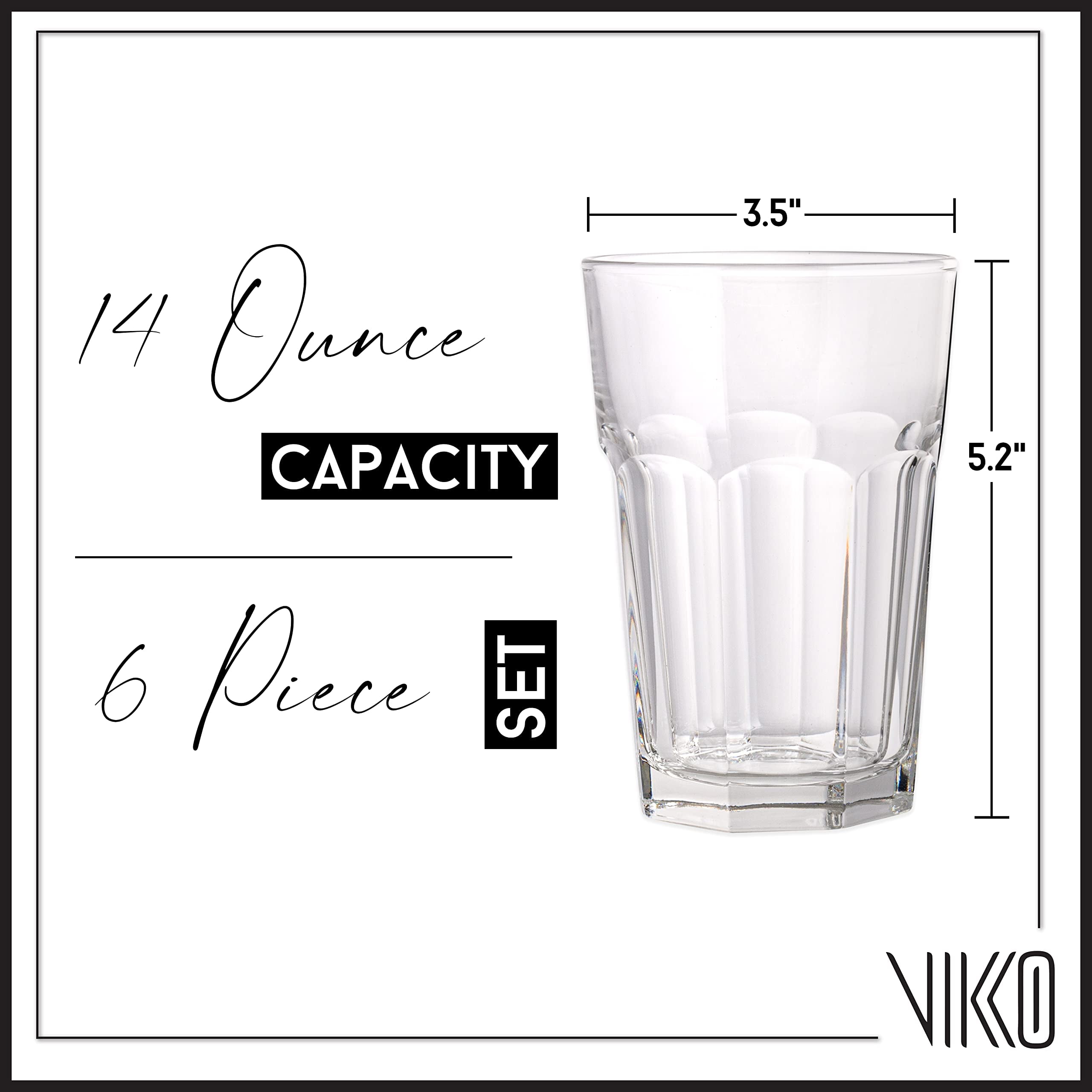 Vikko Drinking Glass, Set of 6 Tall Beverage Glasses, 12.25  Ounce Highball Glasses, Dishwasher Safe Collins Glass: Highball Glasses