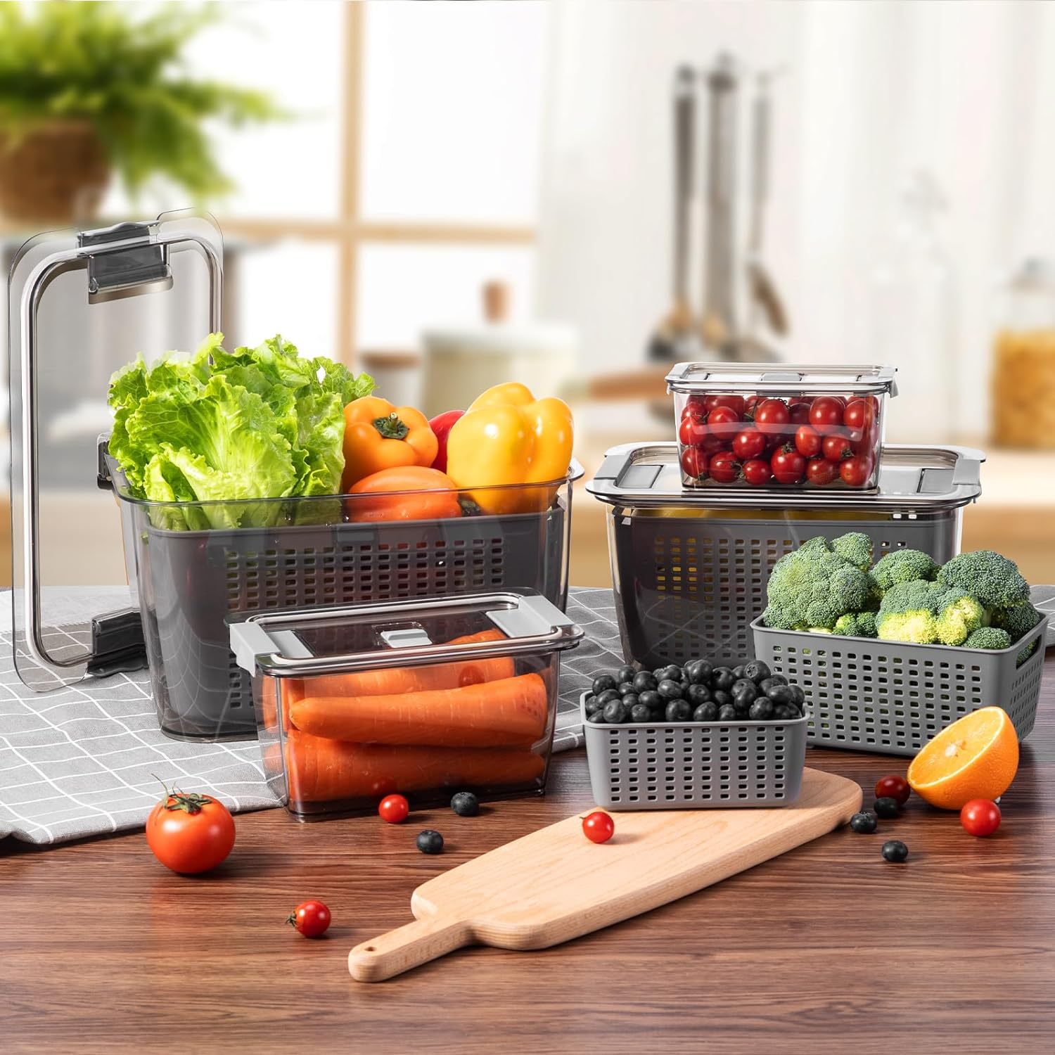 Fresh Container, 3PACK Produce Saver Container BPA Free Fridge Organizer for Vegetable Fruit and Salad Partitioned Food Storage Container with Vents Stay Fresh Containers Not Dishwashers Safe