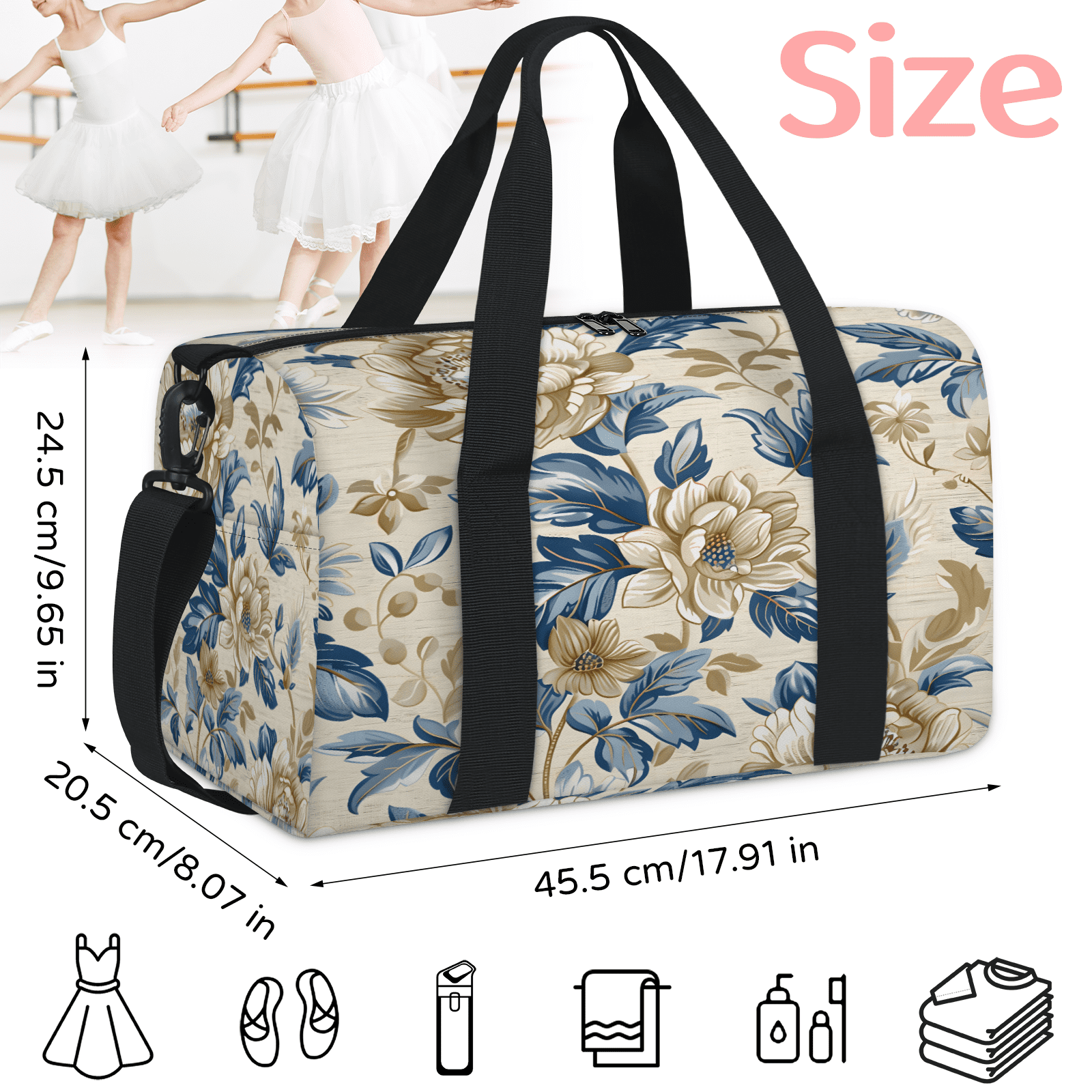 Herdesigns Flower Vintage Farmhouse Gym Bag for Women, Duffle Bag for Travel Sport, Lightweight Waterproof Carry on Weekender Overnight Dance Yoga Workout Bags