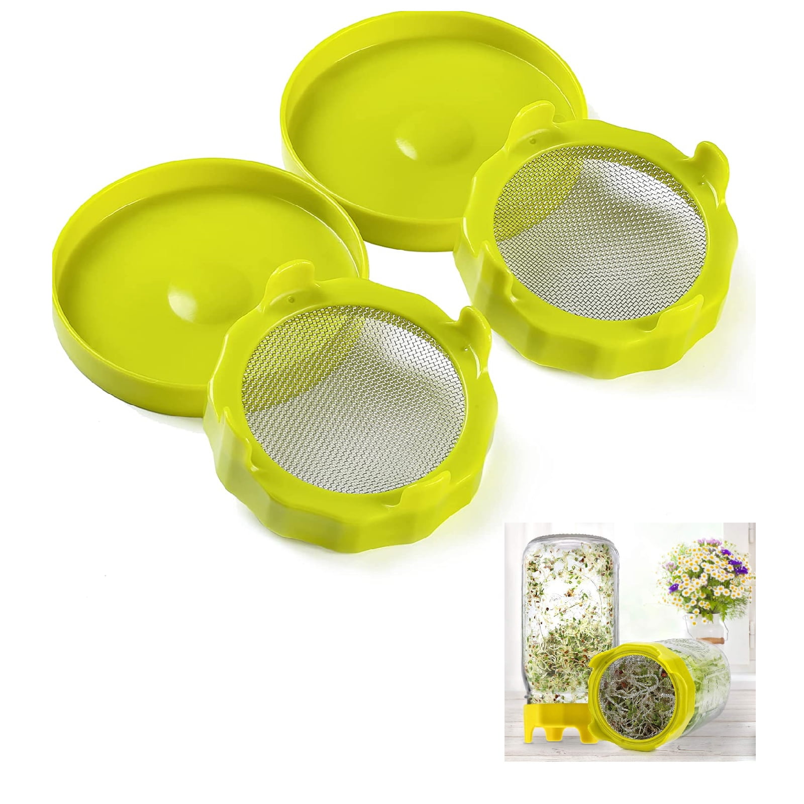Daupanzees 2 Set Sprouting Lids with Stainless Steel Screen, Plastic Indoor Seeds Sprout Lid