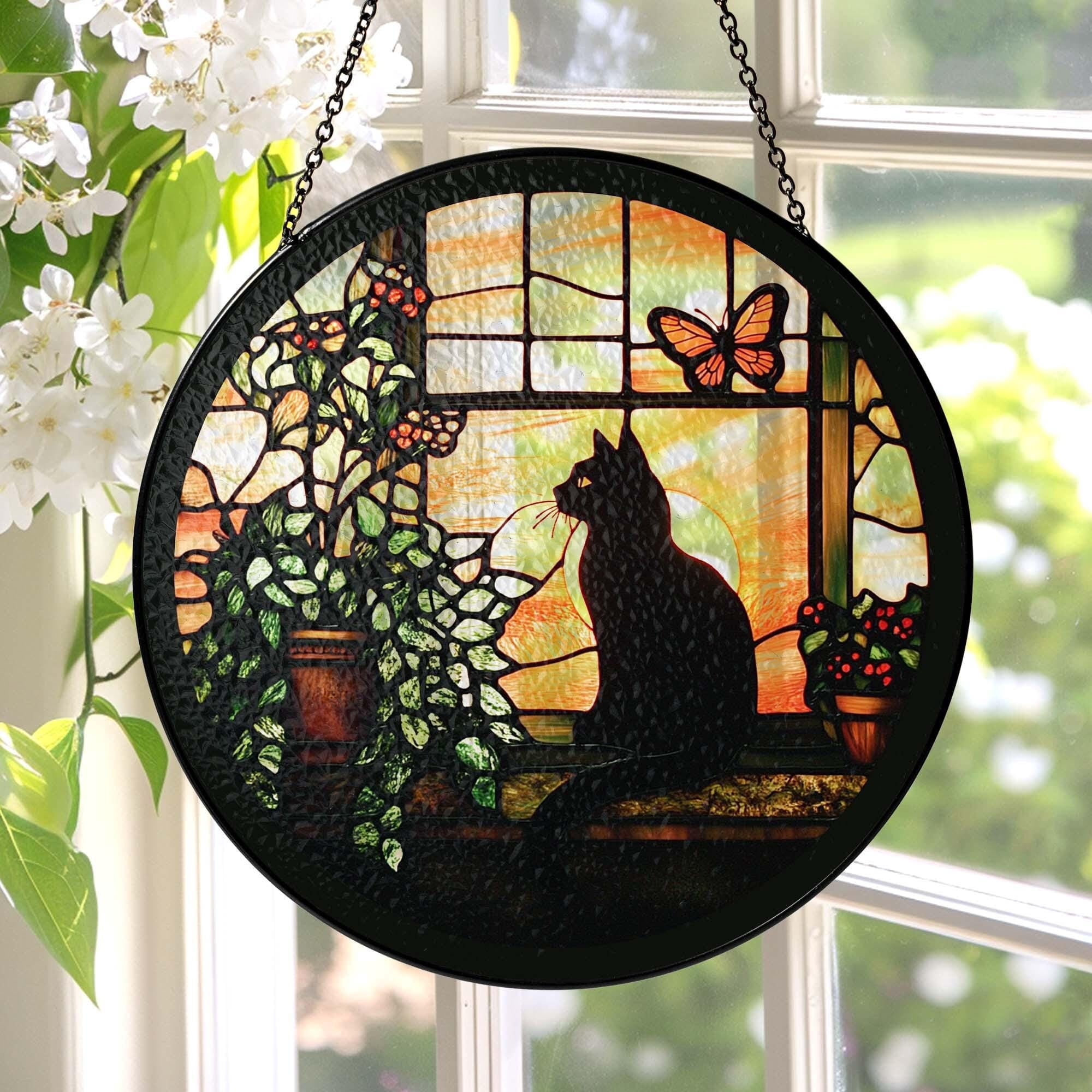 Black Cat Book Reading Metal Wall Art - Metal Art Plaque Stained Glass Style Print Whimsical Cat & Book Design Unique Gift for Book Lovers & Cat Owners Home Office Library Decor