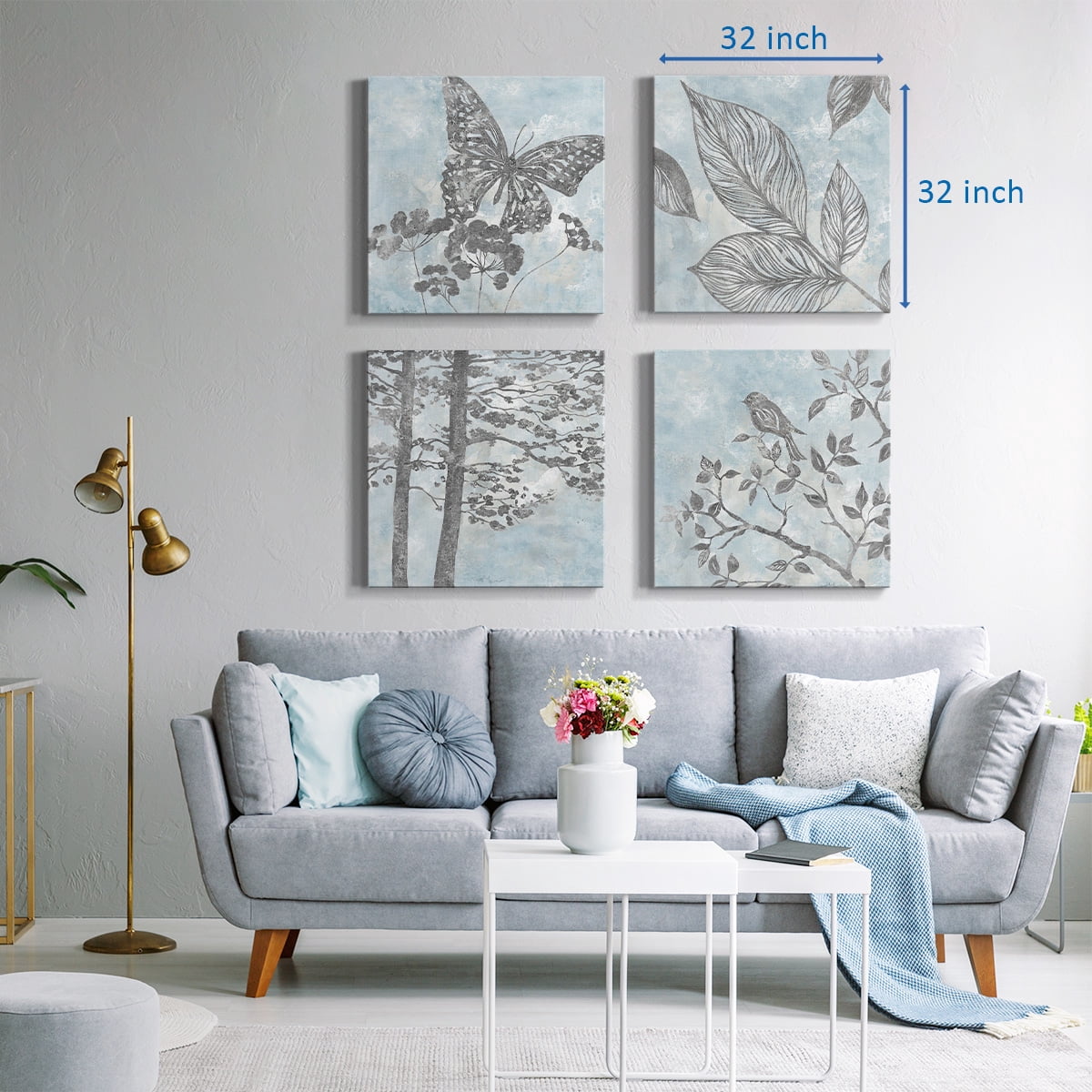 Wexford Home Blue Watercolor Natural Life Wall Art, 16 x 16 inches Set of 4 Blue bird Butterfly Forest Pictures Prints Wall Décor for Living Room Bedroom Bathroom