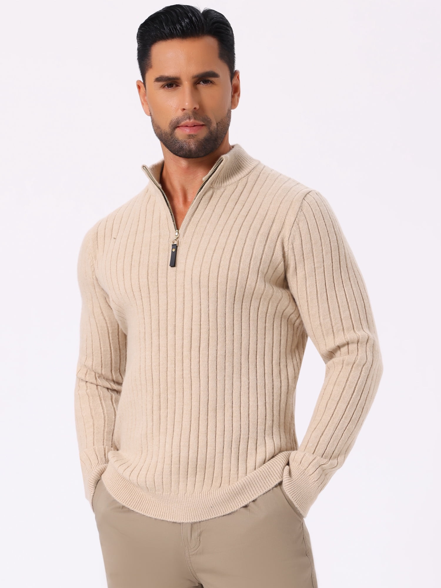 DARING DIVA Men's Casual Pullover Knitted Mock Neck Polo Sweater M Beige