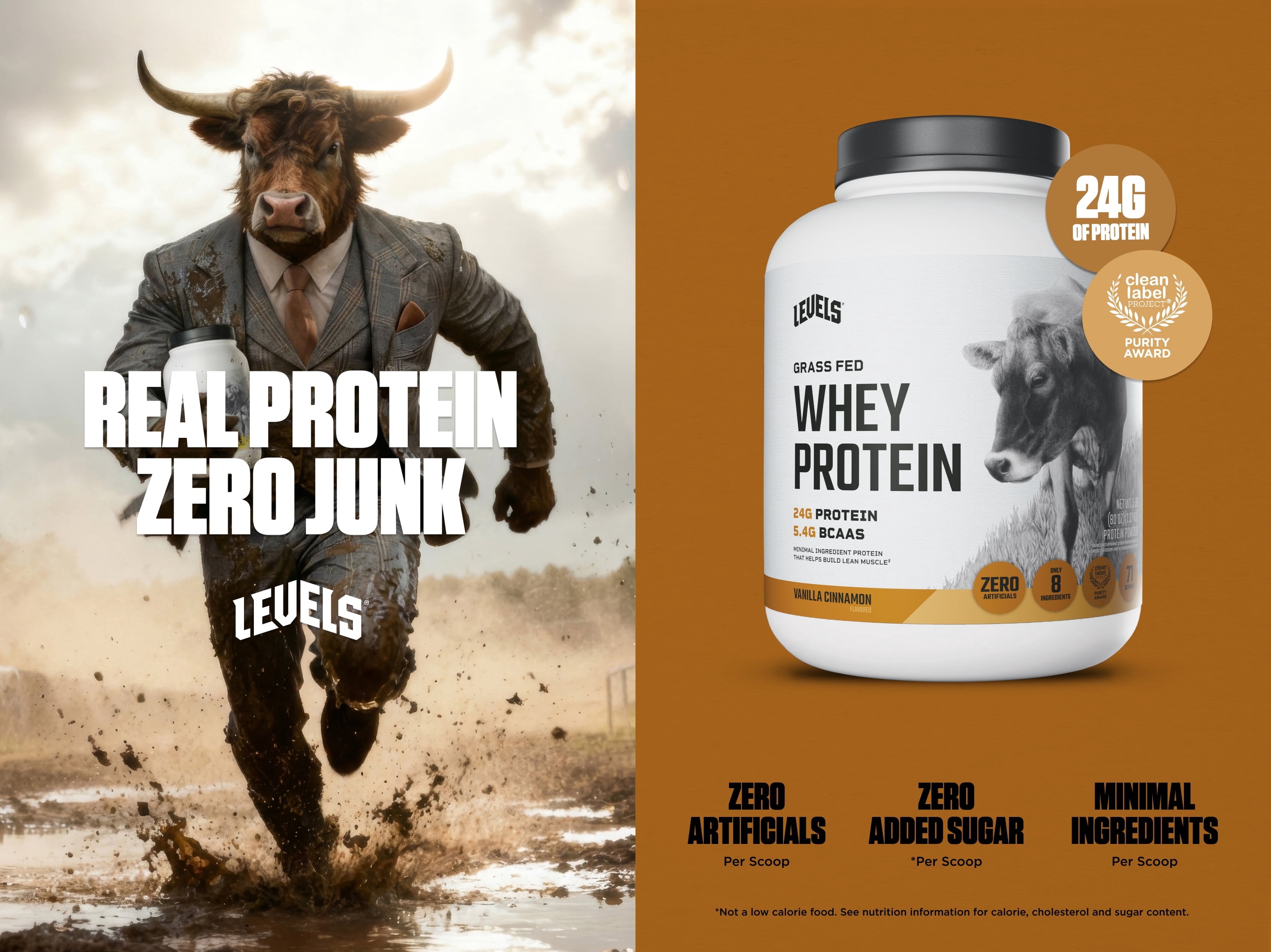 Levels Grass Fed Whey Protein Powder, No Artificials, 24G of Protein, Vanilla Cinnamon, 5LB
