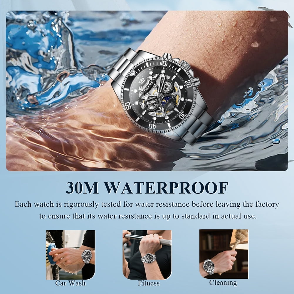 OLEVS Automatic Watches for Men Skeleton Self Winding Mechanical Fashion Dress Chronograph Moon Phase Stainless Steel Waterproof Luminous Mens Wrist Watches Gift Reloj Para Hombre