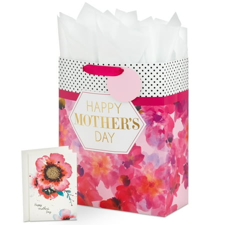 Hallmark 15" Extra Large Mother's Day Gift Bag with Tissue Paper (Bright Pink with Black Dots and Gold Foil)