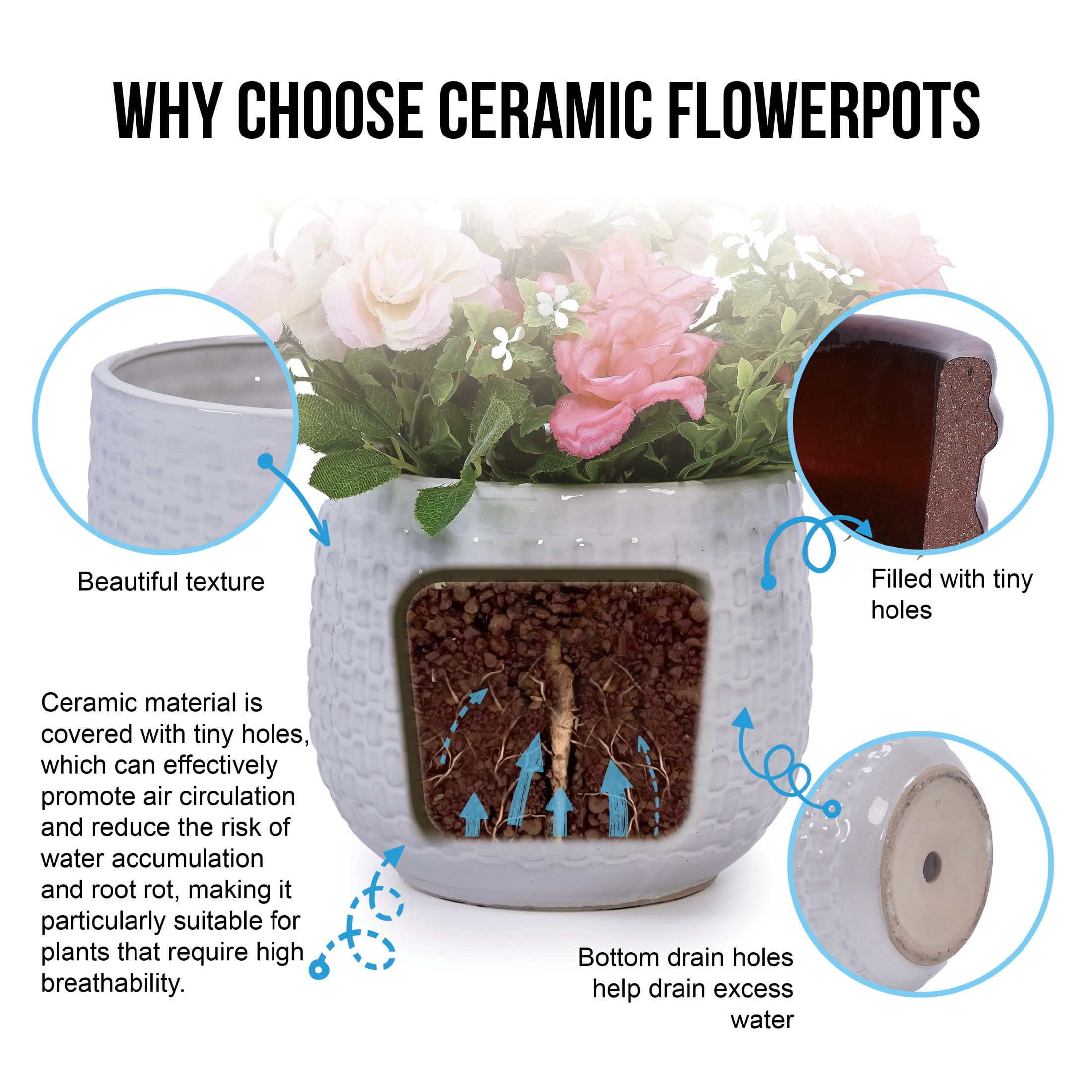 Noble House Modern Nicole Flowerpot Set, Premium Ceramic with Matte Finish and Drainage Hole, Set of 3, White