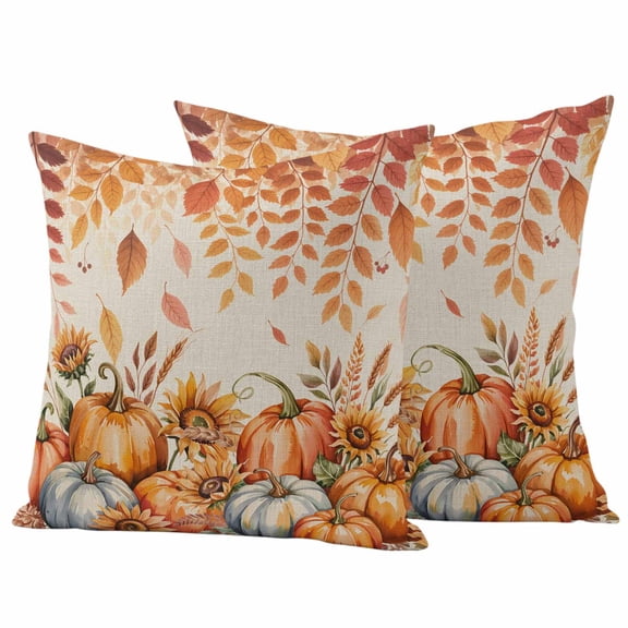 Orange Pumpkins Fall Outdoor Waterproof Pillow Covers, Thanksgiving Sunflower Falling Leaves Decorative Square Throw Pillowcase Sofa Cushion Sham for Patio/Couch/Chair, 20"x20" 2 Pack