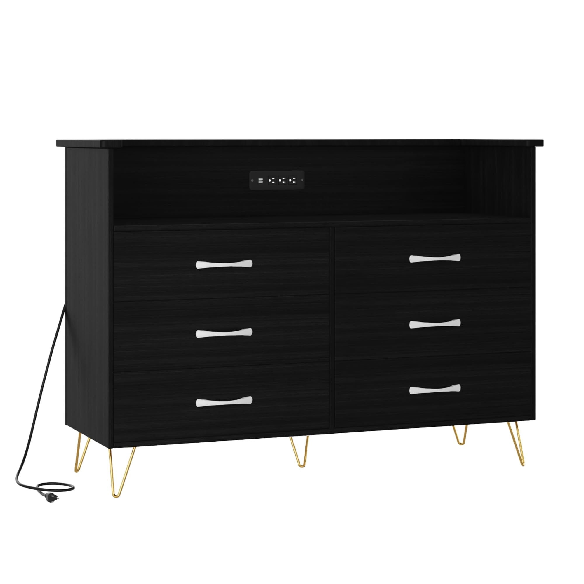 6 Drawer Black Dresser with LED Lights and Charging Station,Modern Wood Dressers for Bedroom & Living Room