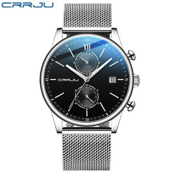 Watch Crrju Men Luxury Casual Quartz Wristwatches With Blue Hands Sport Chronograph Clock Stainless Steel Wrist Watches For Male - Quartz Wristwatches