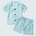 thumbnail image 2 of Kids Short Pajama Set, Boys Girls Striped Satin Loungewear, Short Sleeve Button Shirts with Shorts Summer Lightweight Homewear Outfits Green 12M, 2 of 9