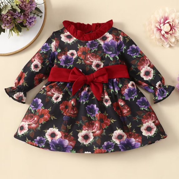 YEEDISON Children's Dress Autumn and Winter Girls' Dress Cotton Long Sleeve Flower Pattern Bowknot Dress for 0-18M