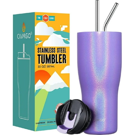 

30 oz Tumbler with Straw and Lid (2-IN-1 Lid) Stainless Steel Insulated Vacuum Coffee Tumbler Cup Double Wall Leakproof Travel Mug Lavender Glitter
