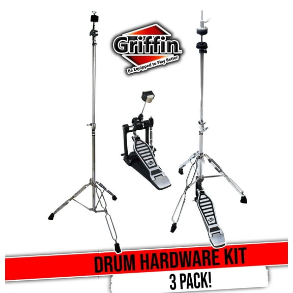 Hi-Hat Stand, Kick Drum Pedal & Straight Cymbal Stand Kit (3 Piece Set) by GRIFFIN | Deluxe Full-Size Percussion Chrome Hardware Set, Lightweight & Portable for Drummer Gigs