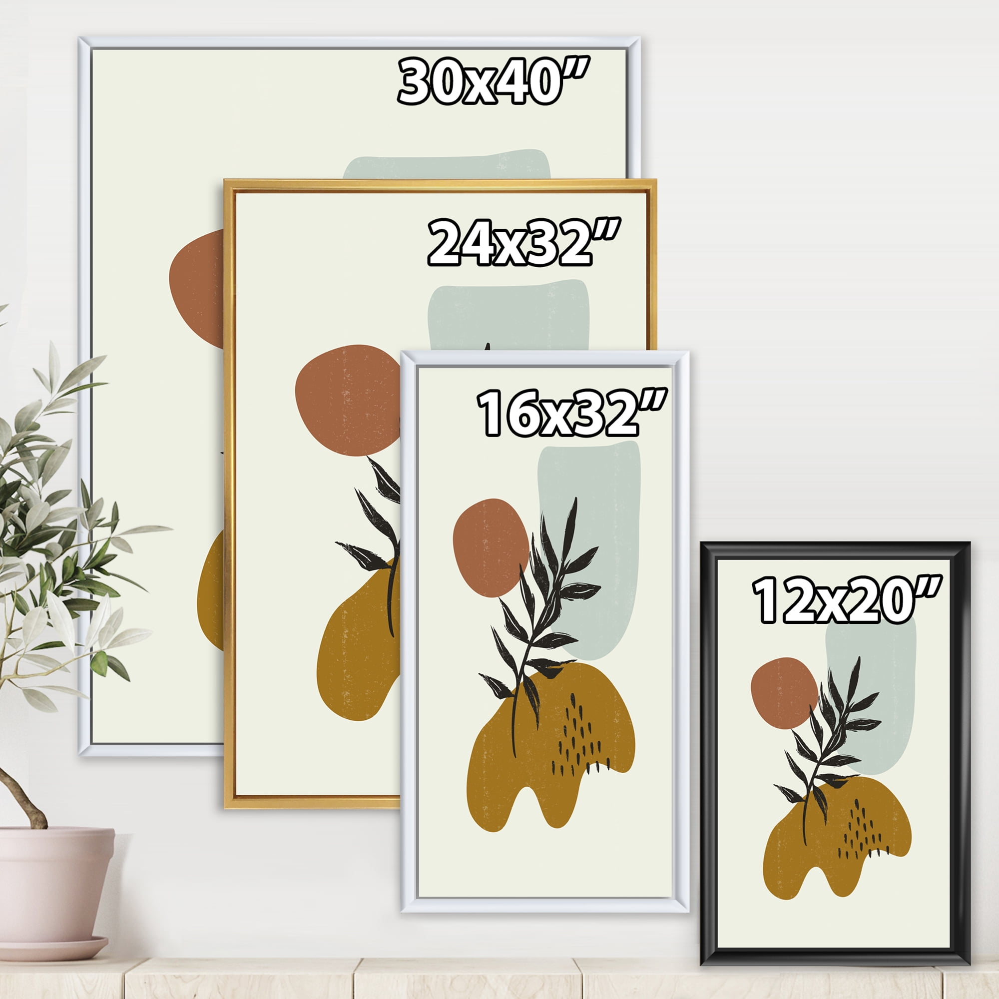 Designart 'Abstract Shapes With Botanical Minimalist Leaf II' Modern Framed Canvas Wall Art Print