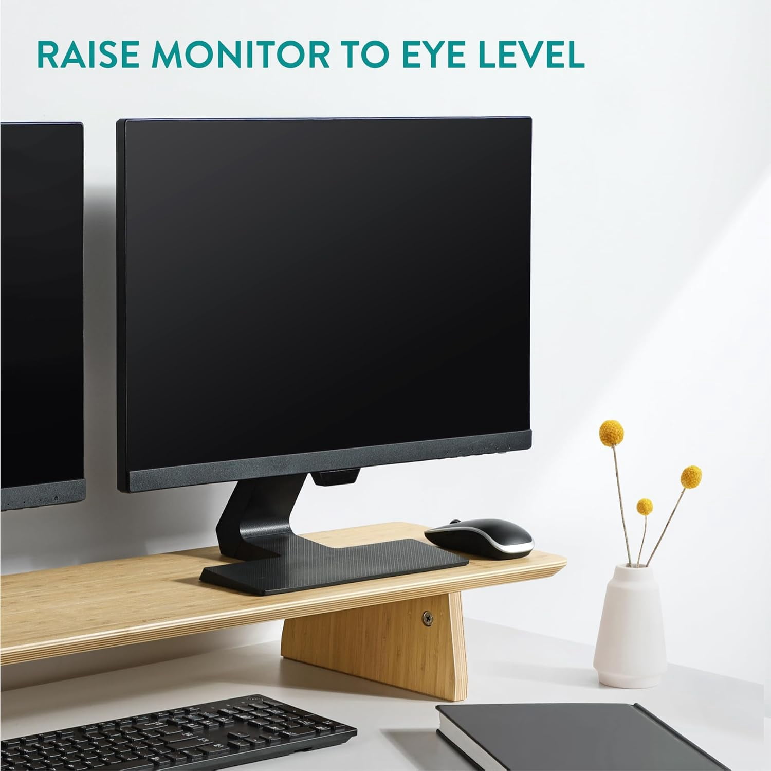 Dual Monitor Stand Riser - Real Wood Double Width Desk Shelf for Holding 2 Computer Screens -