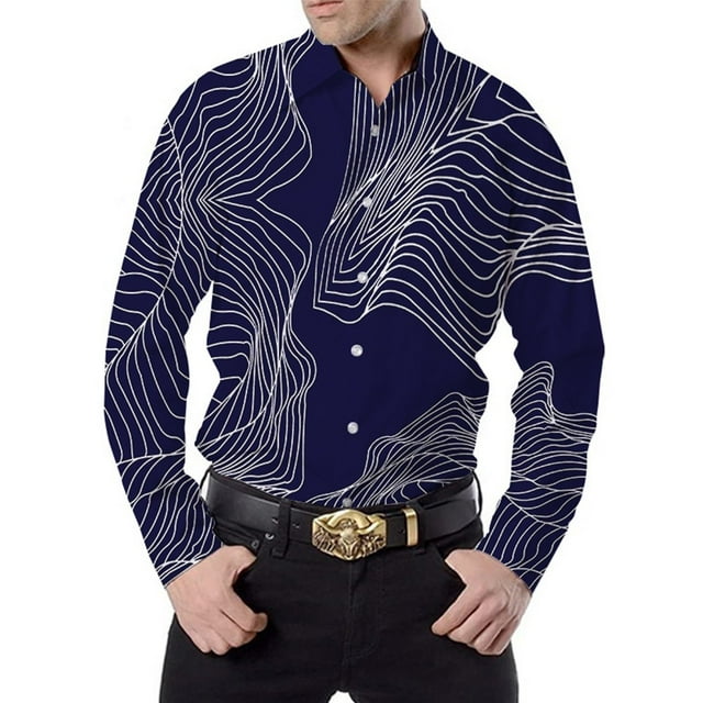 Mens Line Printed Long Sleeve Muscle Fitness Button Down Shirt Party T Dress Up