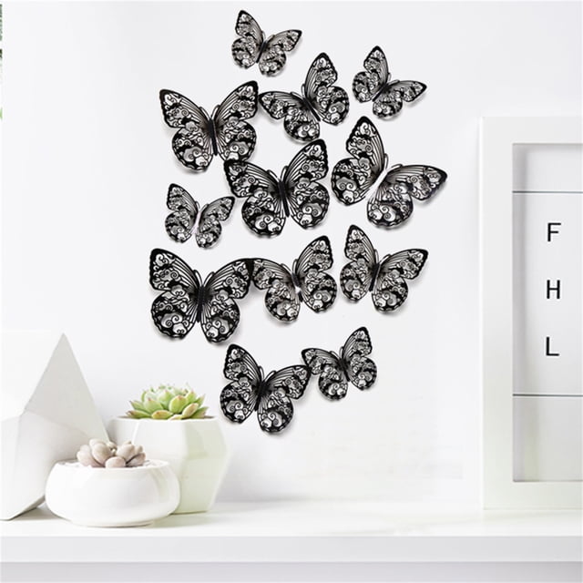 TIMIFIS Home Decor 12PCS 3D Metal Texture Hollow Butterfly Wall Sticker DecorFall