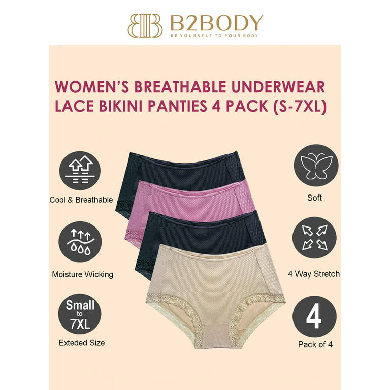 B2BODY Women's Breathable Lace Bikini Panties Small to Plus Sizes Multi-Pack  