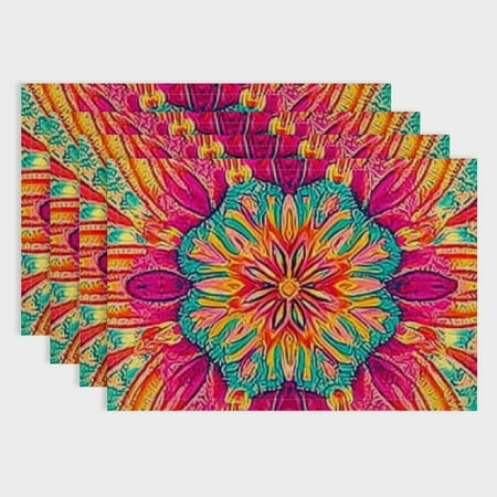 

Pratyus Psychedelic Flowers 4pcs Linen Table Mat Set for Birthday Parties Christmas Restaurants Home Decor 18x12in