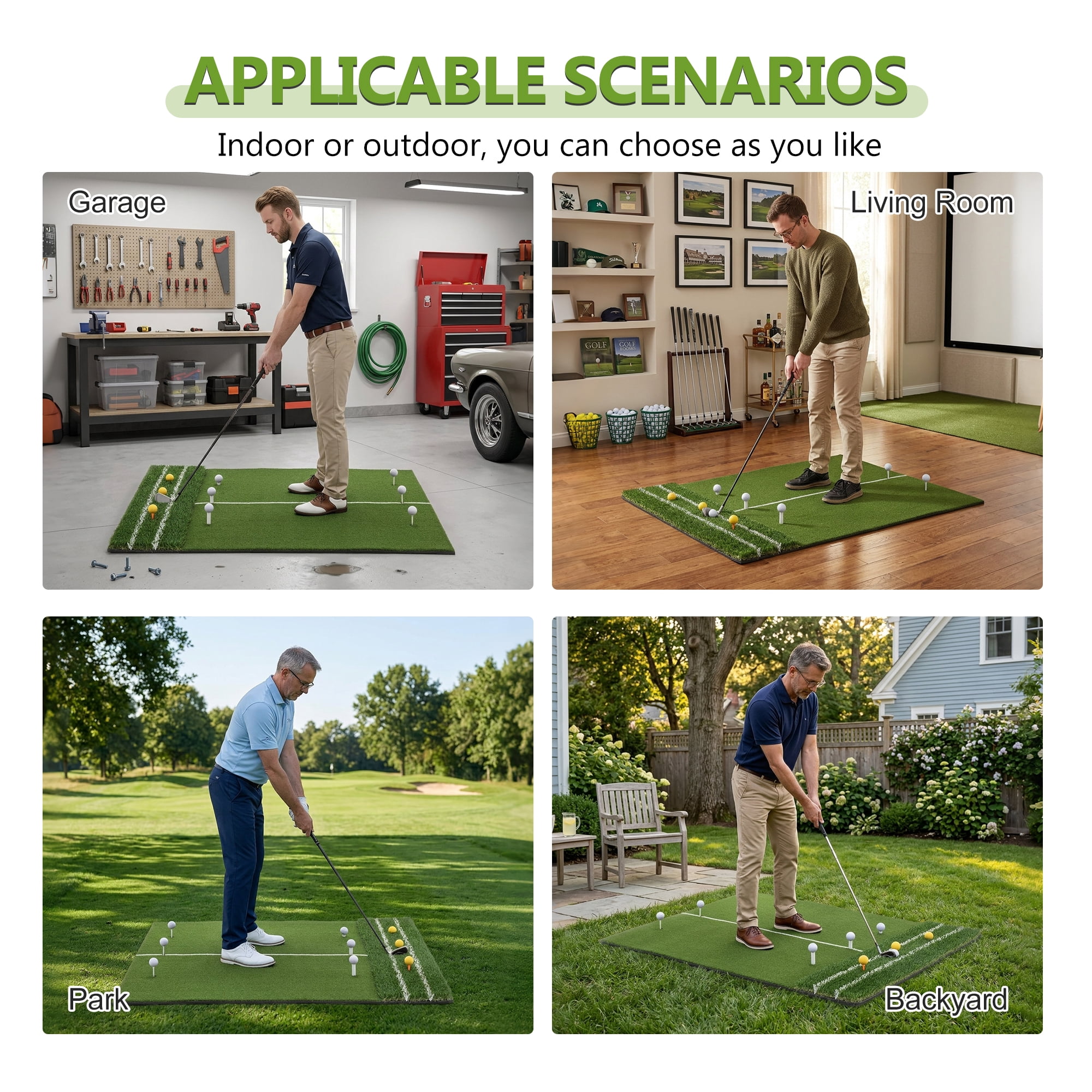Golf Hitting Mat 5x4-Foot with Guide Line and 9 Tee Positions, Heavy Duty Swing Turf for Indoor and Outdoor Practice, Green