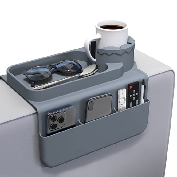 LRSE Sofa Armrest Organizer 2-in-1 Cup Holder Tray & Storage Bag, Anti-Slip Silicone Couch Table for Drinks, Books, Cellphone, Tablet & TV Remotes，Fits Most Recliners & Armchairs Gray