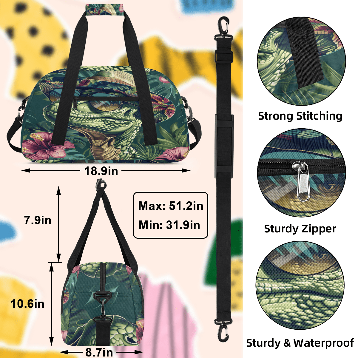 Herdesigns Dinosaur Sports Duffle Bag for Women & Men, Dinosaur Jungle Funny Gym Bag Dance Bag Overnight Bag Carry On Weekender Travel Bag
