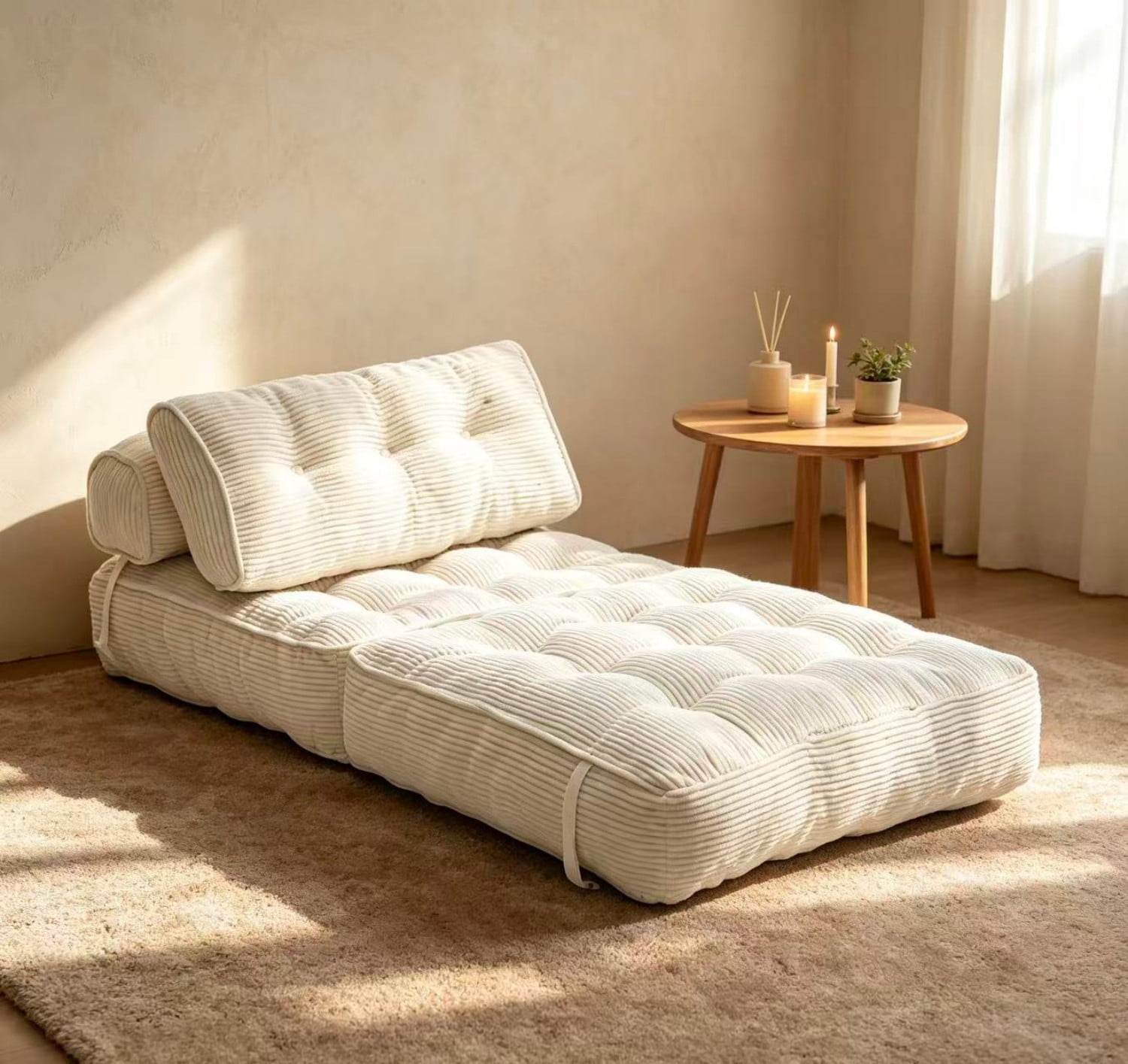 Folding Sofa Bed, Convertible Sleeper Chair Bed with Headrest & Lumbar Pillow, Foldable Floor Sofa Mattress for Living Room, Bedroom, Small Space, White