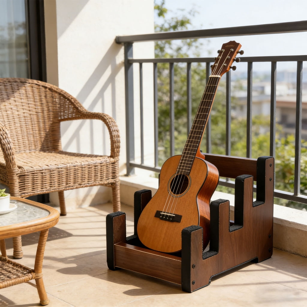 Space Saving Guitar Rack Wood Construction Stores Electric Bass Guitars Securely Soft Padding Prevents Scratches