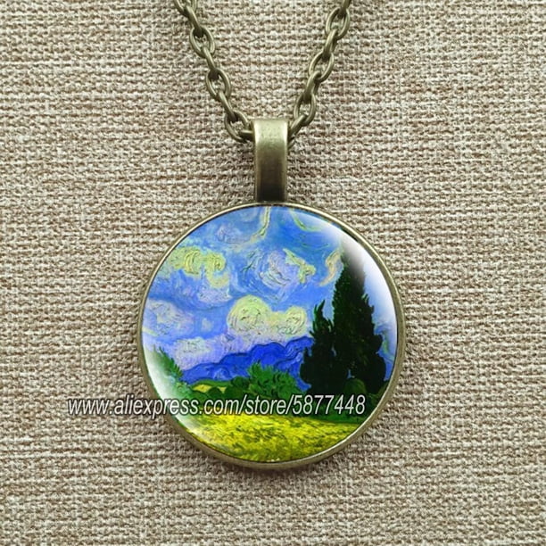 Collar de pinturas al óleo de Arte de Van Gogh para mujer, joyería de cabujón de vidrio, colgante de girasol de cielo nocturno estrellado, regalos de amante para niña