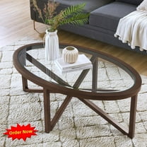 Tcbosik 46" Coffee Table with Glass Top, Oval Center Table with Wood Legs for Living Room, Cherry