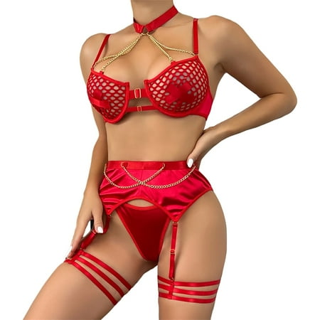 

Women See Through Sheer Mesh 2 Pieces Lingerie Outfits Metal Chain Spicy Girl Bra And Panty Sets Lingerie