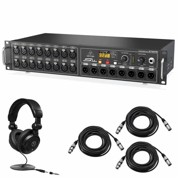 Behringer Digital Snake S16 I/O Box with 16 Remote, Controllable MIDAS Preamps, 8 Outputs, AES50 Networking, KLARK TEKNIK SuperMAC Technology Bundle with Monitor Headphones and 3x 25' XLR Cables