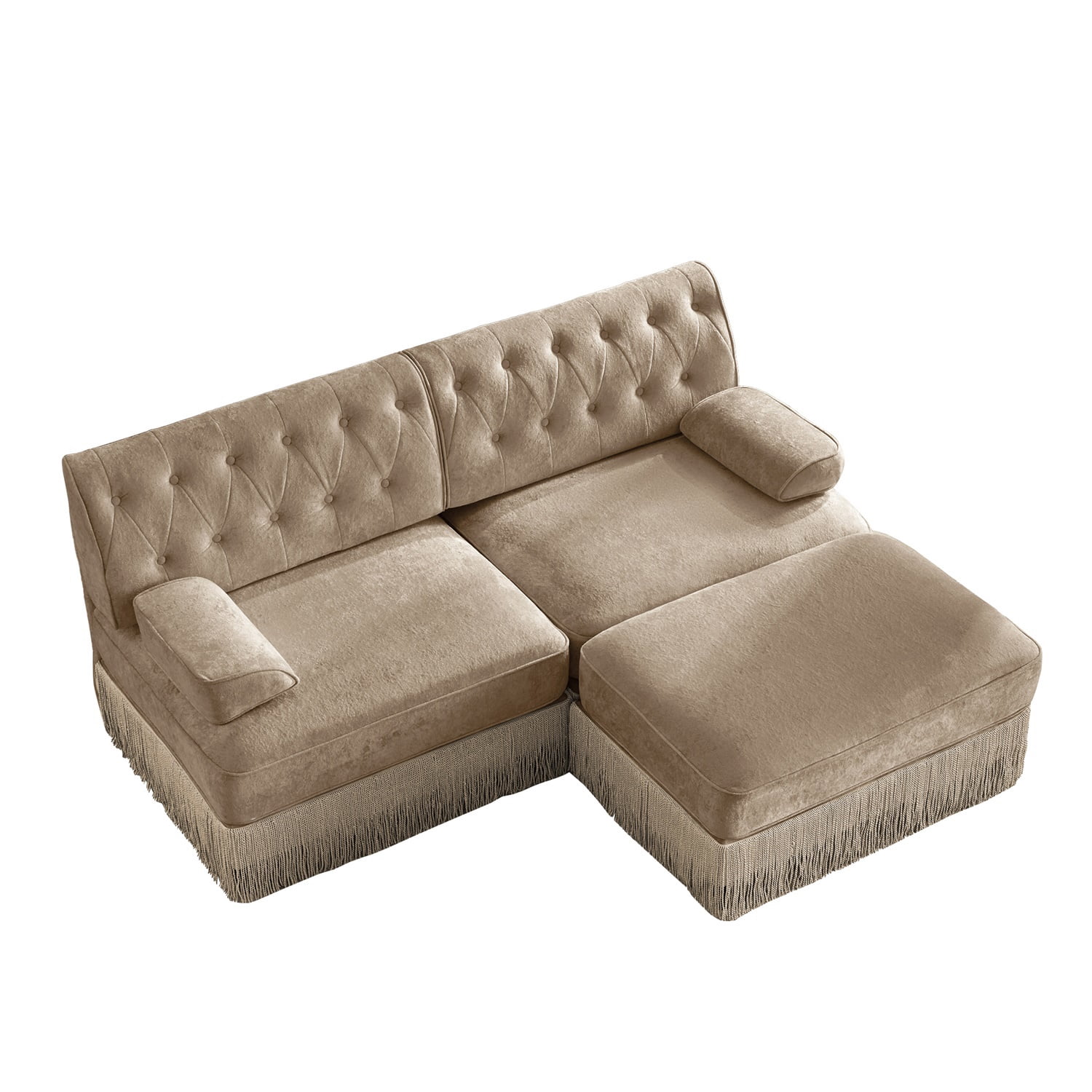 Hommoo 2-Seater Chesterfield Style Velvet Fabric L-Shaped Sectional Sofa, Tufted Button Upholstered Design and Floor-grazing Tassel, Free Combination Sofa Couch Set, for Home, Camel