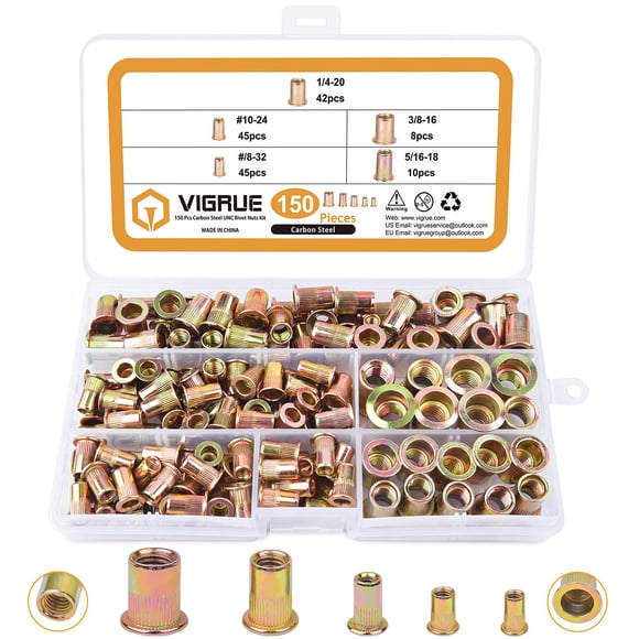 VIGRUE 150 piezas #8-32#10-24 1/4"-20 5/16"-18 3/8"-16 Kit surtido de tuercas de remache UNC de acero al carbono Acabado chapado en zinc amarillo Surtido de tuercas de inserción roscadas de cabeza pla