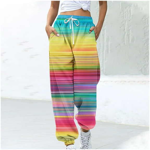 WXLWZYWL Women's Athletic Pants Straight Legs High Waisted Drawstring Rainbow Gradient Sweatpants Loose Lounge Workout Jogger Trouser