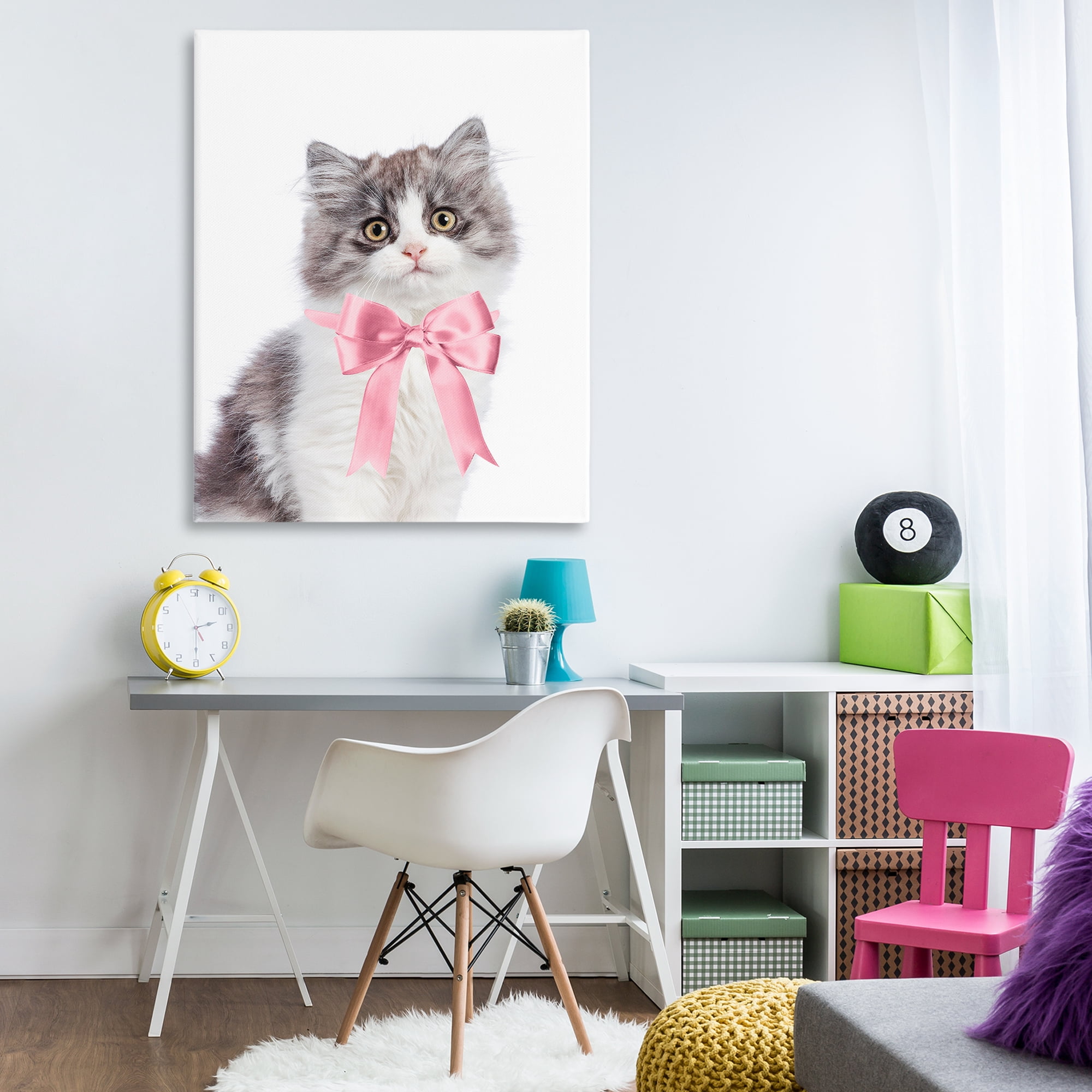 Stupell Industries Kitten with Pink Bow Animals Painting Wrapped Canvas Art Print Wall Art, 36 x 48