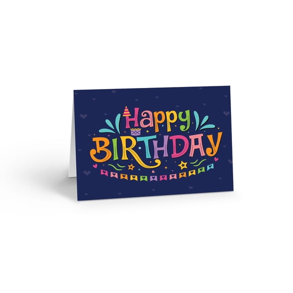 Stonehouse Collection | Festive Happy Birthday Card | Generic Colorful Heart Design | Single Card | Blank Inside | 6.5” x 4.25” (Navy Happy Birthday)