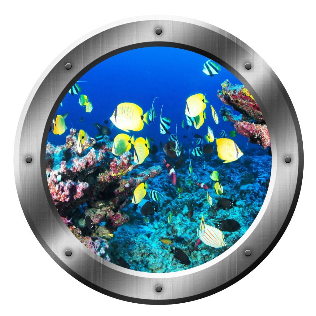 Ocean Wall Art Decor Submarine Window Porthole School of Fish Window Wall Mural Home Decor-VWAQ-SP16 (20" Diameter)