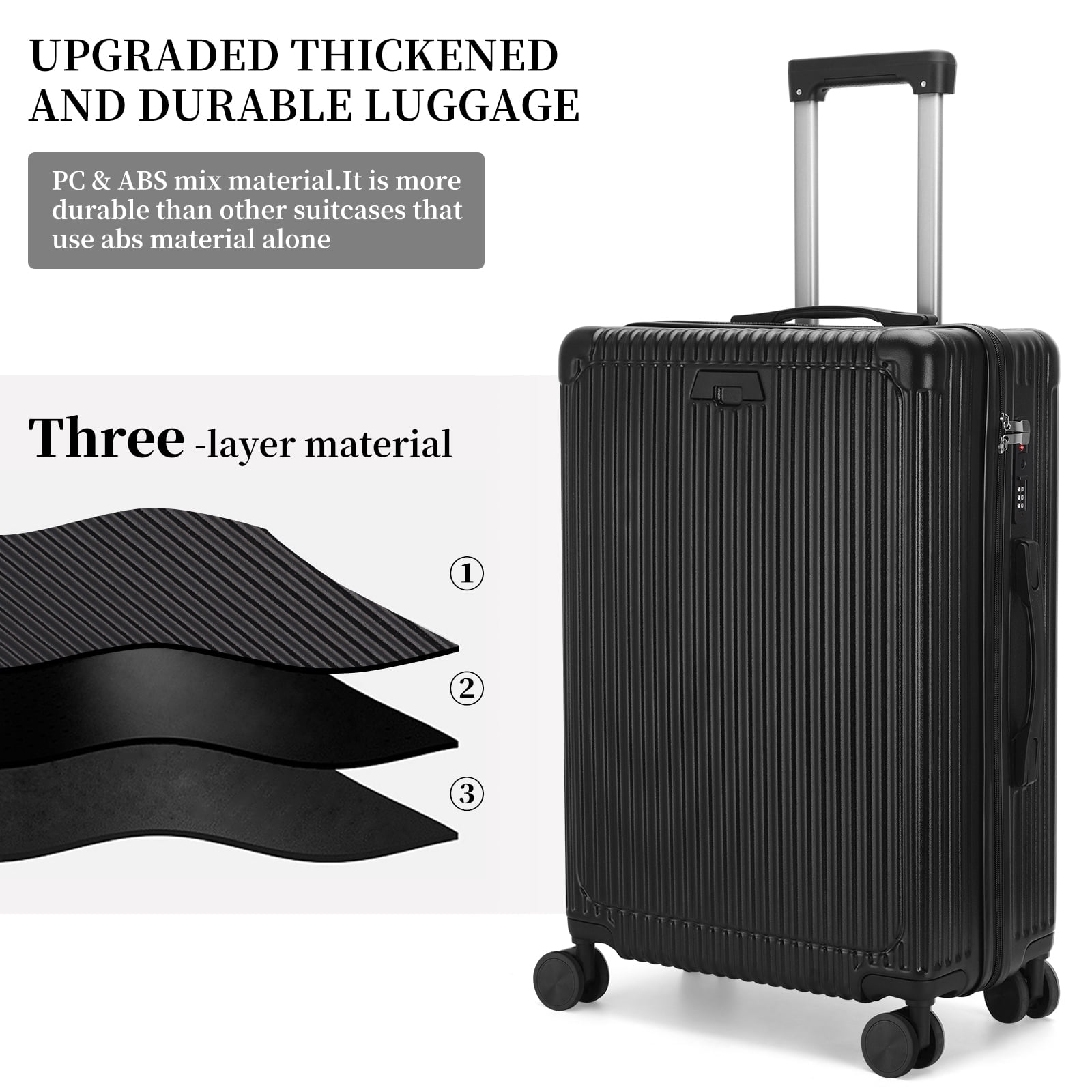 3 Piece Hardside Luggage Set, Hardshell Lightweight Suitcase with Duffel Bag, Double Spinner Wheels, USB Port, Cup Holder, TSA Lock ,Side Hook 20in24in28in.(Black)