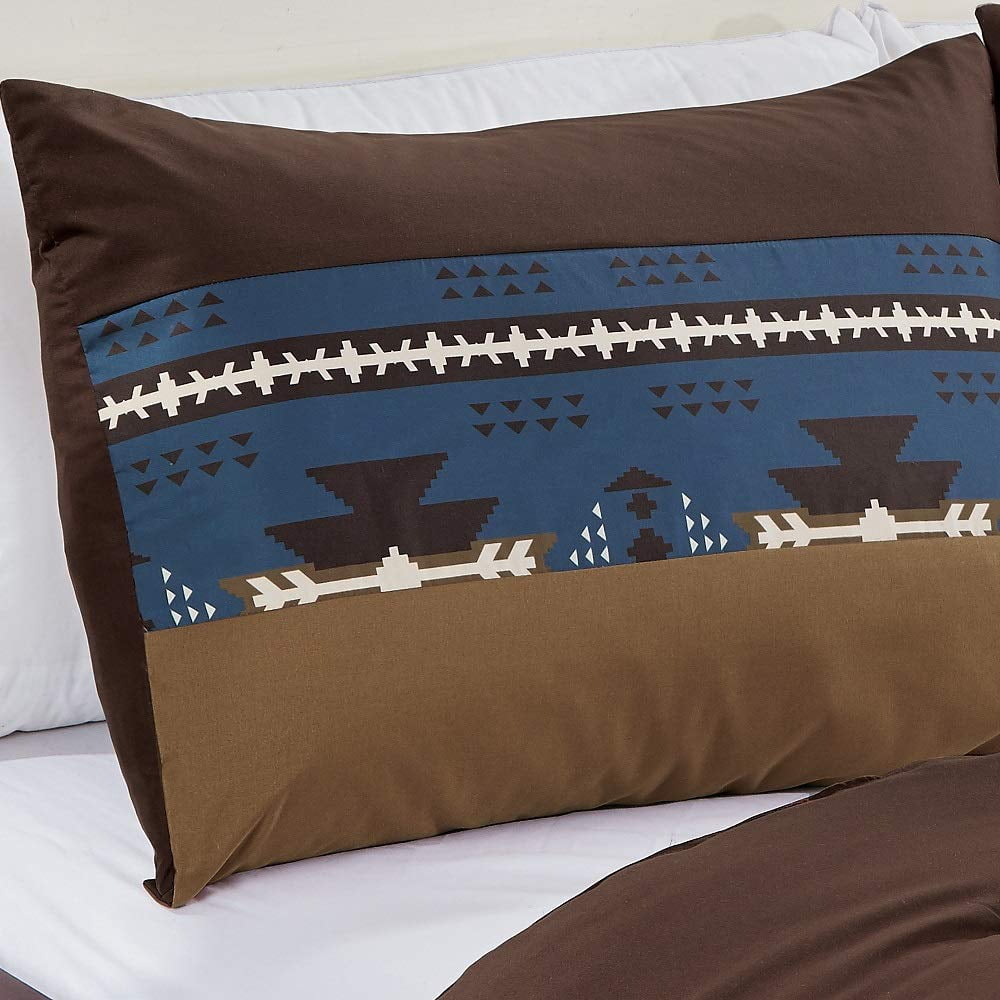 7 Piece Western Southwestern Design Comforter Set Multicolor NAVY Coffee Brown Embroidered KING Size Bed in a Bag Bedding Set- Makala