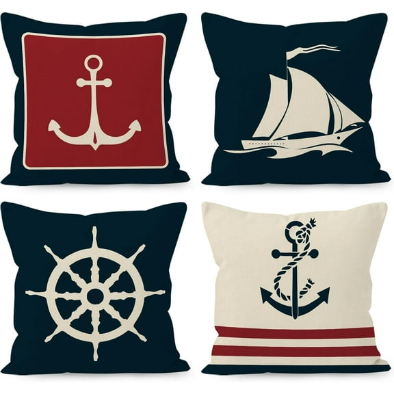 Navy Blue Nautical Ocean Boat Anchor Throw Pillow Covers, Ship Nautical Gifts, Boat Pillow Cases 18 x 18 Inch Home Ship Sofa Decor Set of 4