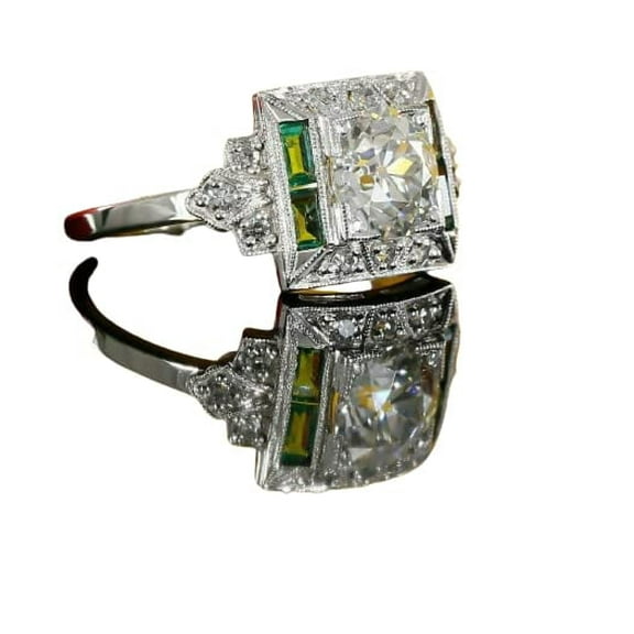 HeartsAndYou 1.5ct Round Cut Moissanite Emerald Art Deco Engagement Ring for Women 18k White Gold Over Silver