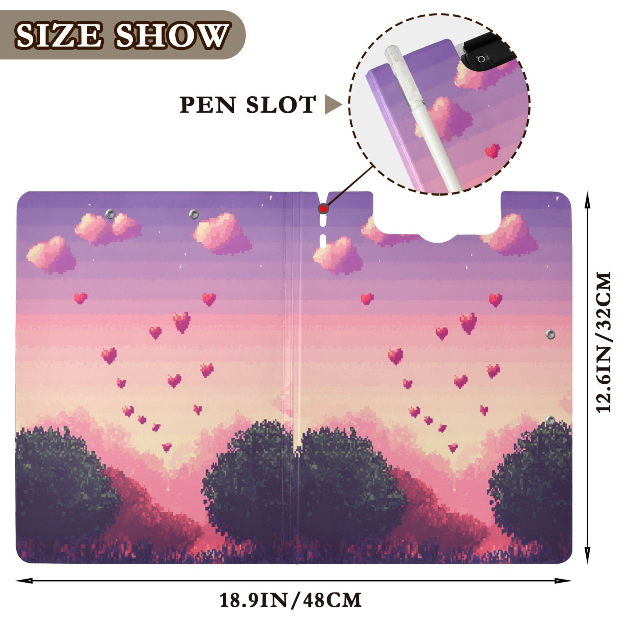 FORMRS A4 Clipboard Folder with Pen Holder Horizontal Foldable School Office Binder, Pixel Floating Hearts