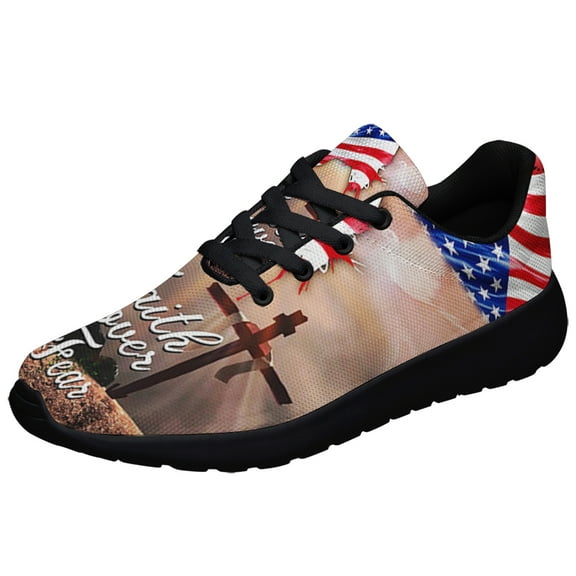 Faith Over Fear Jesus Christian Cross American flag Shoes Sneakers for Women Men Black Size 3.5