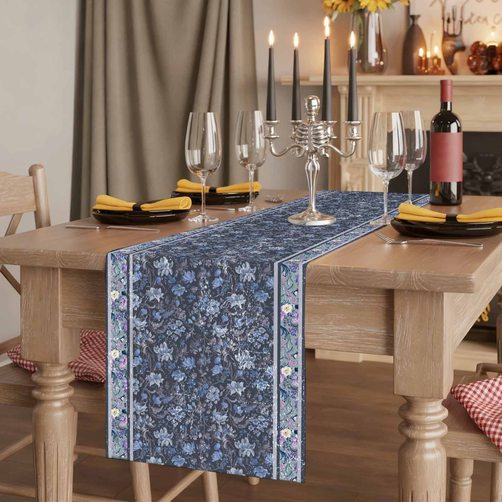 Table Runners 90 Inches Long Dress Scarves, Navy Blue Floral Farmhouse Coffee/Dining/Kitchen Table Runner for Living Room, Ethnic Tribe Abstract Art Flowers 13x90 Inch