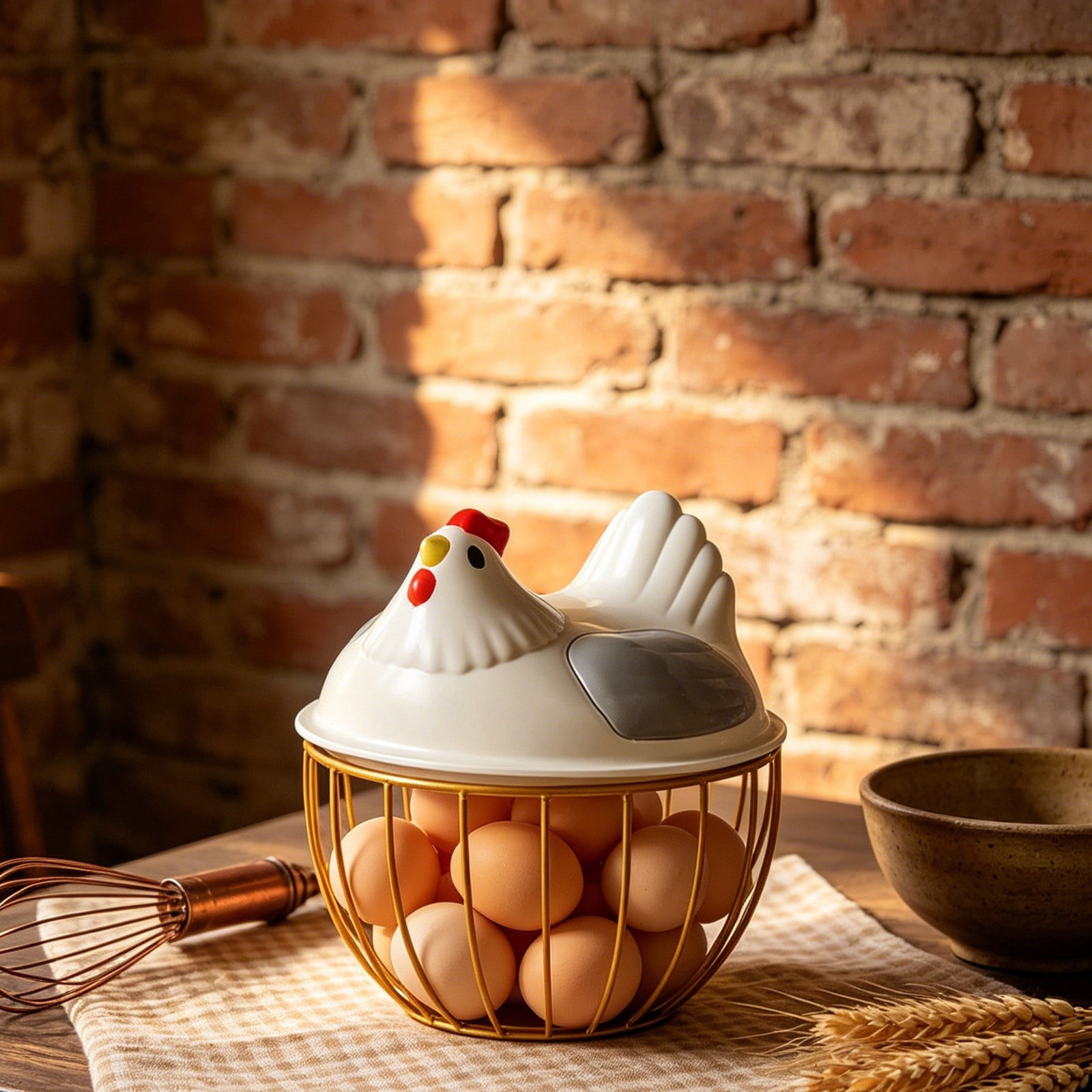 Chicken Egg Basket Large Capacity with Ceramic Lid, Metal Wire Egg Storage Basket and Fruit Container with Mesh Iron Holder, Countertop Organizer for Fresh Eggs Vegetables Refrigerator Use