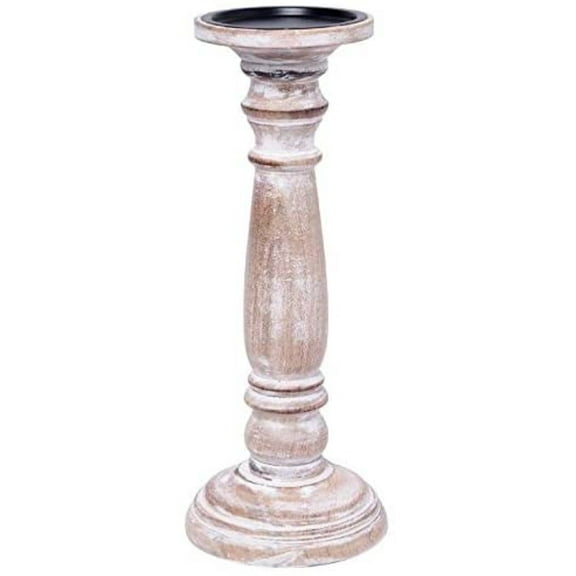 Hosley 12 Inch High White Wash Wooden Distress Finish Pillar Candle Holder
