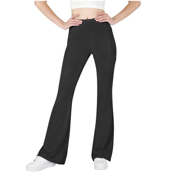 Ltctricy Girls' Flare Leggings High Waisted Stretchy Bell Bottom Dance Yoga Pants Bootcut Casual Activewear Pants with Pockets(Black,14-15 Years)