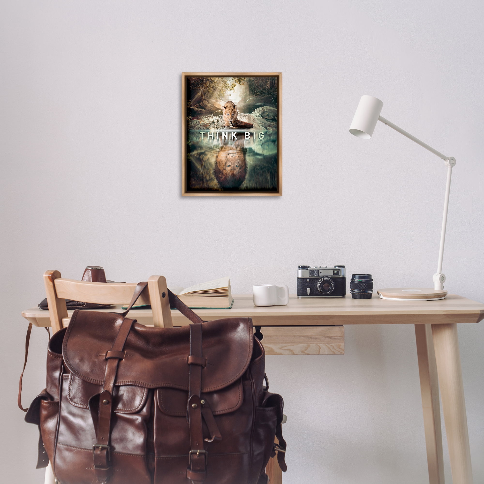 Stupell Industries Think Big Lion & Cub Animals Painting Brown Floater Framed Canvas Art Print Wall Art, 17 x 21